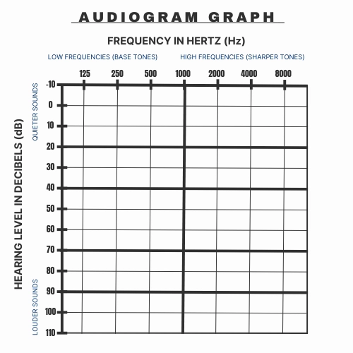 A graphic showing a blank audiogram with the X-Axis labeled as "Frequency in Hertz (Hz)" and the Y-Axis labeled as "Hearing Level in Decibels (dB)".